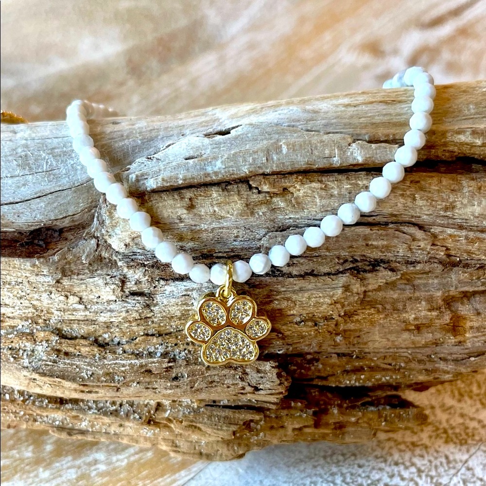 Handmade semiprecious stone stretch paw print bracelet benefits cat rescue